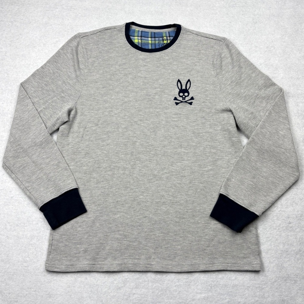 Psycho Bunny Thermal Shirt Mens XL Heather Gray Waffle Knit Long Sleeve Logo